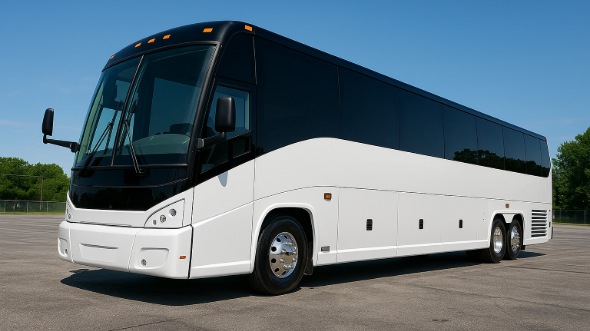 Exterior of Charter Bus Company Des Plaines's 54 Passenger Charter Bus in Des Plaines